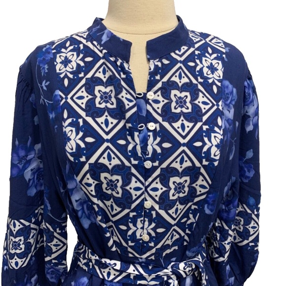 CELINA MOON BOHO BLUE PRINTED 3/4 SLEEVES BELTED MIDI DRESS SIZE L $259 - Picture 2 of 10